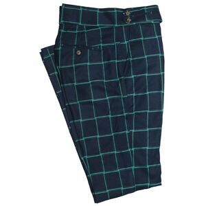 Mens Gurkha Pants Blue Green Check Abstract Wool Slim High Waist Flat Front 36
